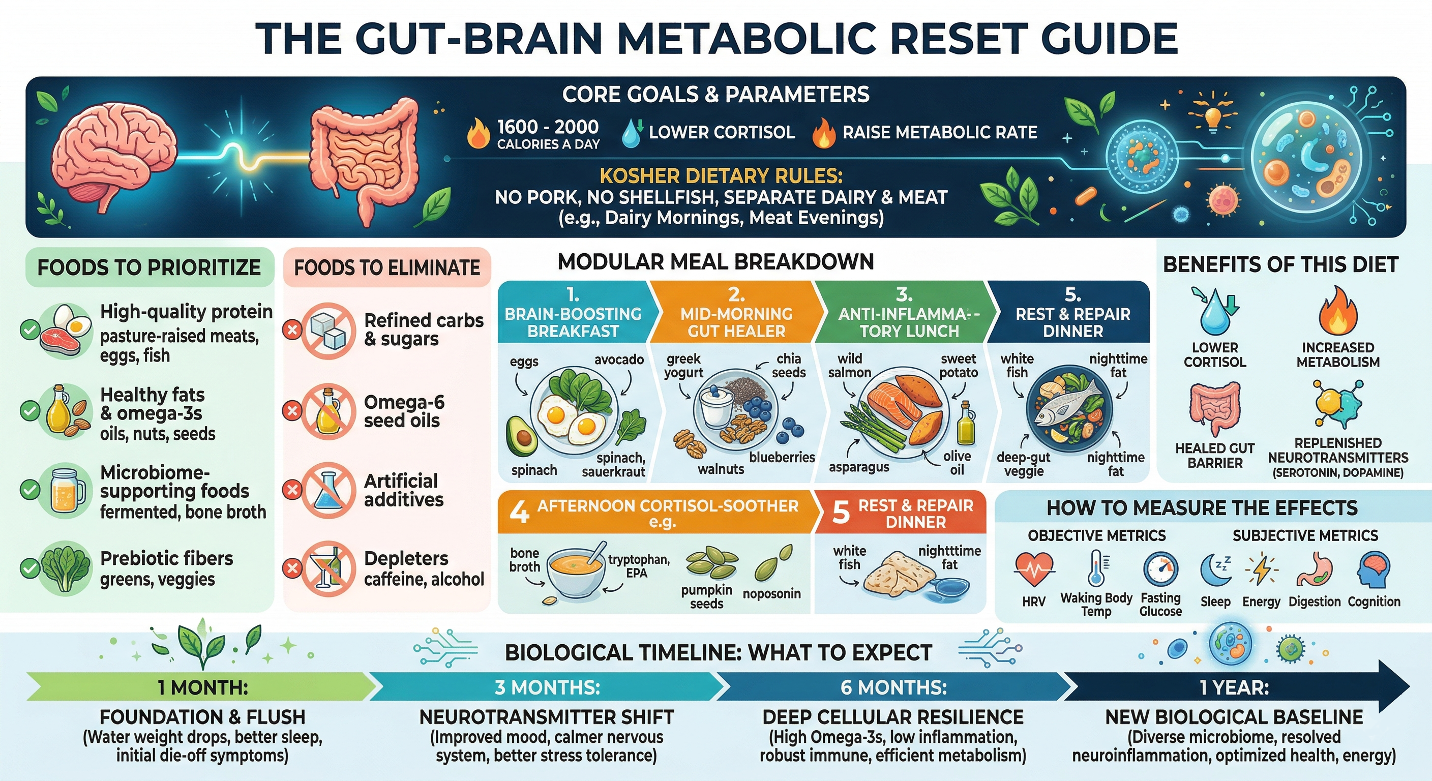 Gut-Brain Metabolic Reset Infographic outlining core goals, kosher dietary rules, and meal breakdown.